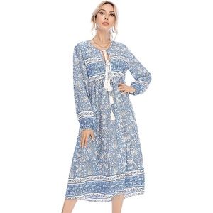 Dress Midi Floral Retro Tassel V-Neck Bohemian Blue & White Small 4-6